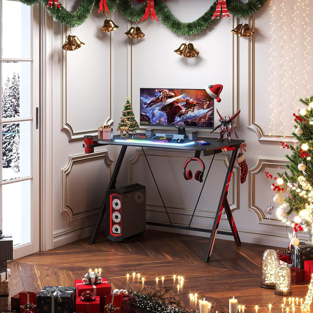 31 inch Gaming Desk with Carbon Fiber Surface and Headphone Hook and Cup Holder V64255