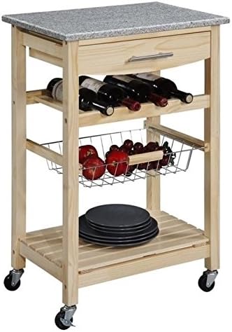Pine Wood Granite Top Rolling Microwave Kitchen Island Cart with Storage Q44838