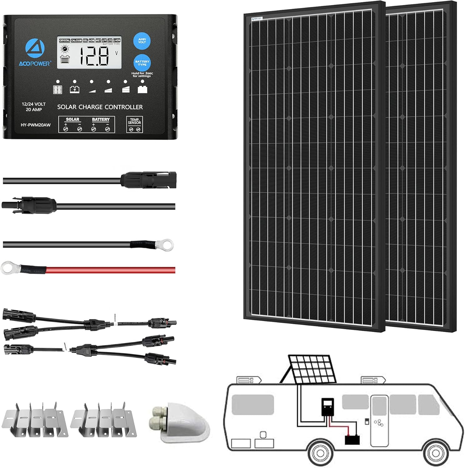 200 Watt Monocrystalline Solar Panel Kit with 20A PWM LCD Charge Controller G127