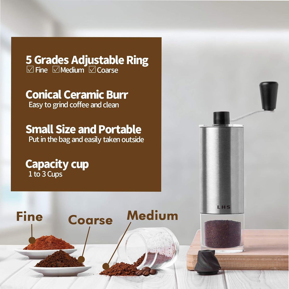 Manual Coffee Grinder with Adjustable Setting Ceramic Burr & Scale Cup Stainless Steel Coffee Mill S779