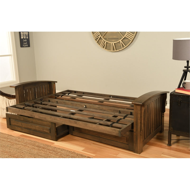 Walnut Futon with Drawers and Linen Gray Mattress J394