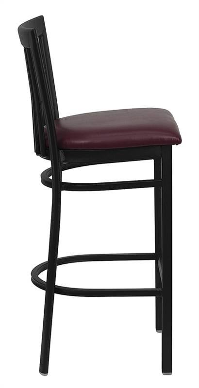 Black School House Back Metal Bar Stool with Burgundy Vinyl Seat I7166