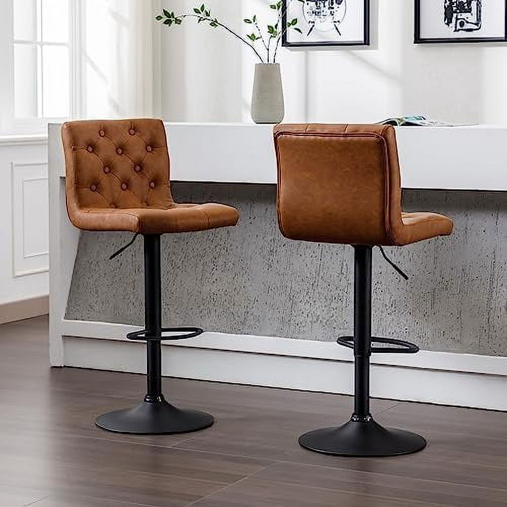 Set of 4 Adjustable Swivel Counter Height Stools with Button Tufted Back Faux Leather Upholstered Island Chairs with Footrest Brown G57013