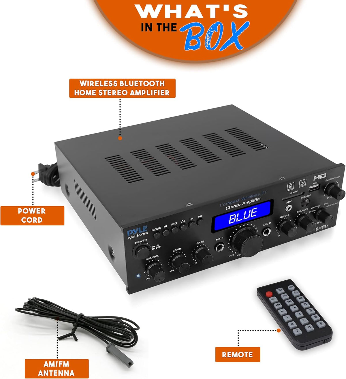 Pyle PDA9HBU.5 Wireless Bluetooth Stereo Amplifier, 200 Watt, HDMI, Optical, Phono, Coaxial, FM Radio, USB, SD, AUX, RCA, Mic, Remote Z999