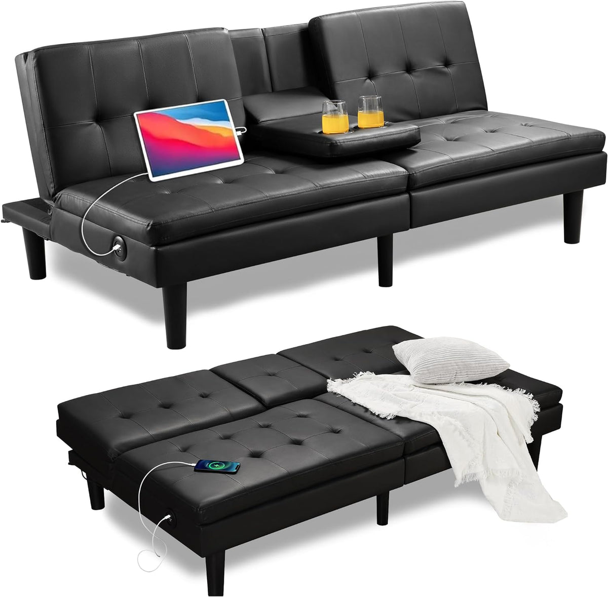Faux Leather Futon Convertible Sofa Bed with USB & 2 Cupholders L933
