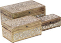 Natural Rectangular Carved Floral Wooden Boxes with Lid Set of 3 I648420
