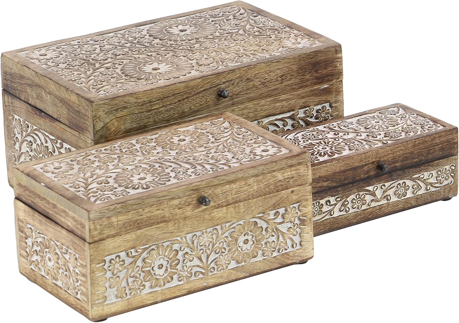 Natural Rectangular Carved Floral Wooden Boxes with Lid Set of 3 I648420