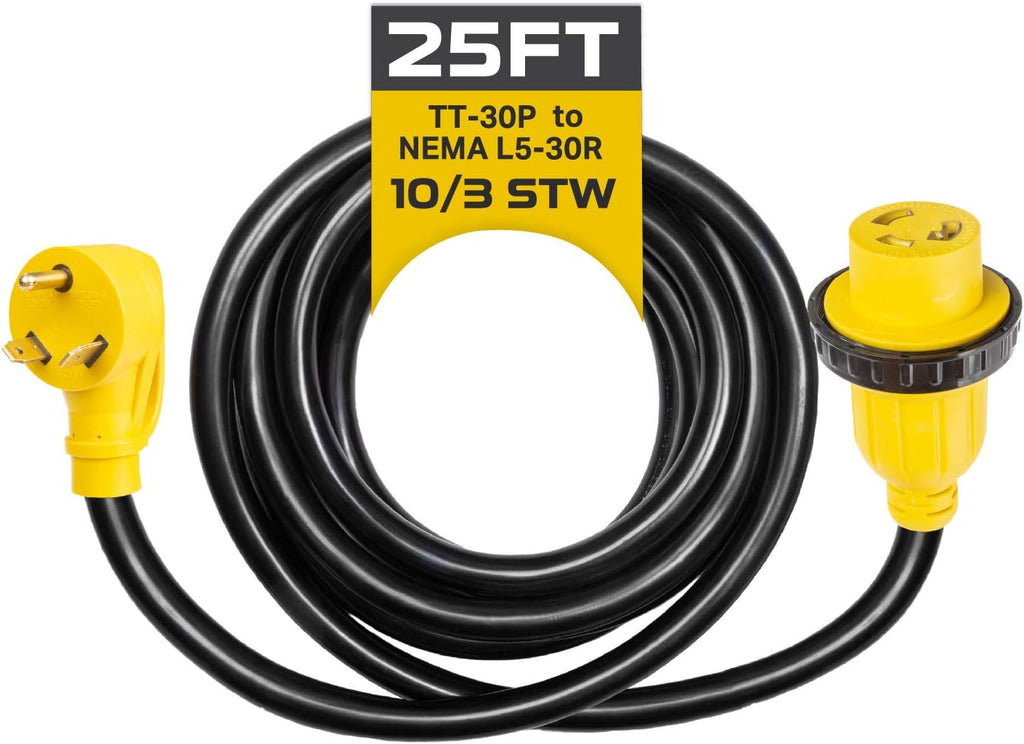 30 Amp RV Extension Cord 25 Ft 10/3 STW TT-30P to NEMA L5-30R 125v Power Cord Q93677