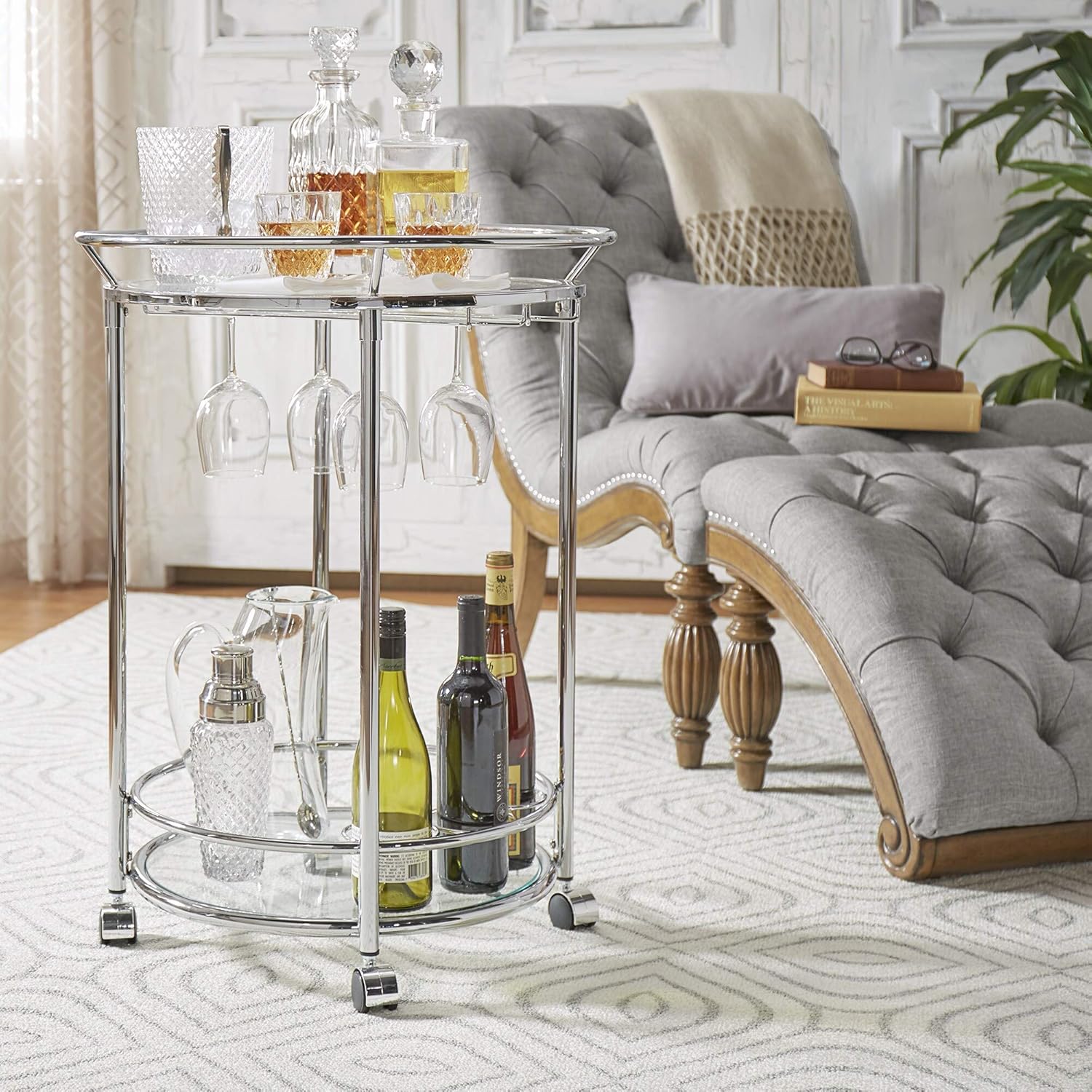 Round Chrome Metal Glass Top Bar Cart E171