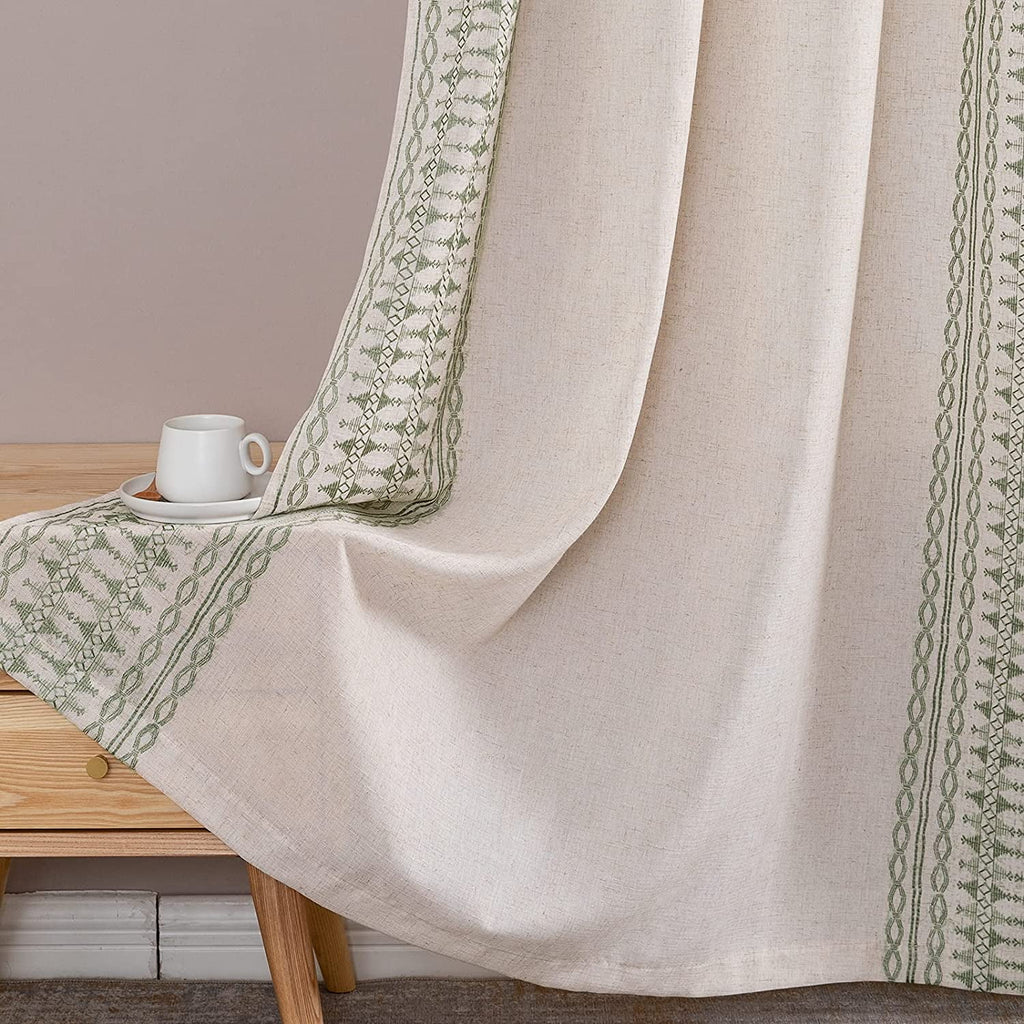 Sage on Beige Semi Sheer Linen Curtains 84 Inch Grommet 2 Panels A446552