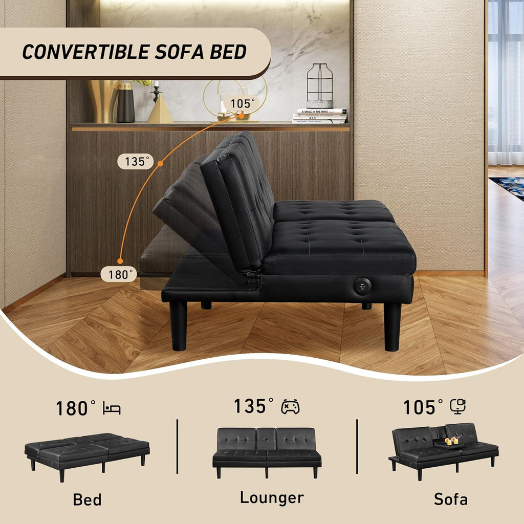 Faux Leather Futon Convertible Sofa Bed with USB & 2 Cupholders L933