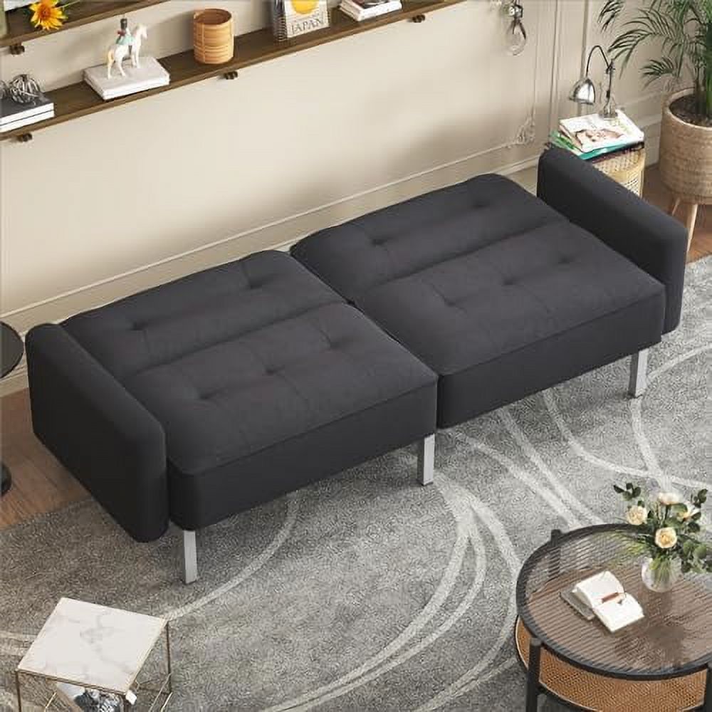 Black Linen Fabric Convertible Futon Sofa Bed with Metal Legs M859