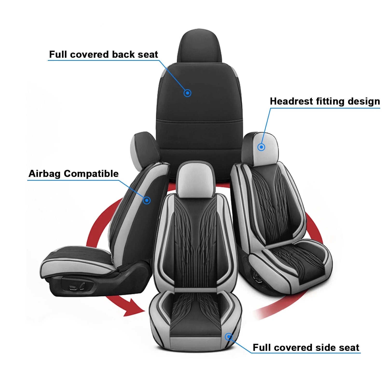 Black&Gray PU Leather 5 Seats Car Seat Cover Full Set E412753