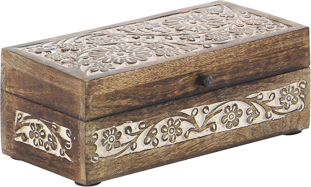 Natural Rectangular Carved Floral Wooden Boxes with Lid Set of 3 I648420