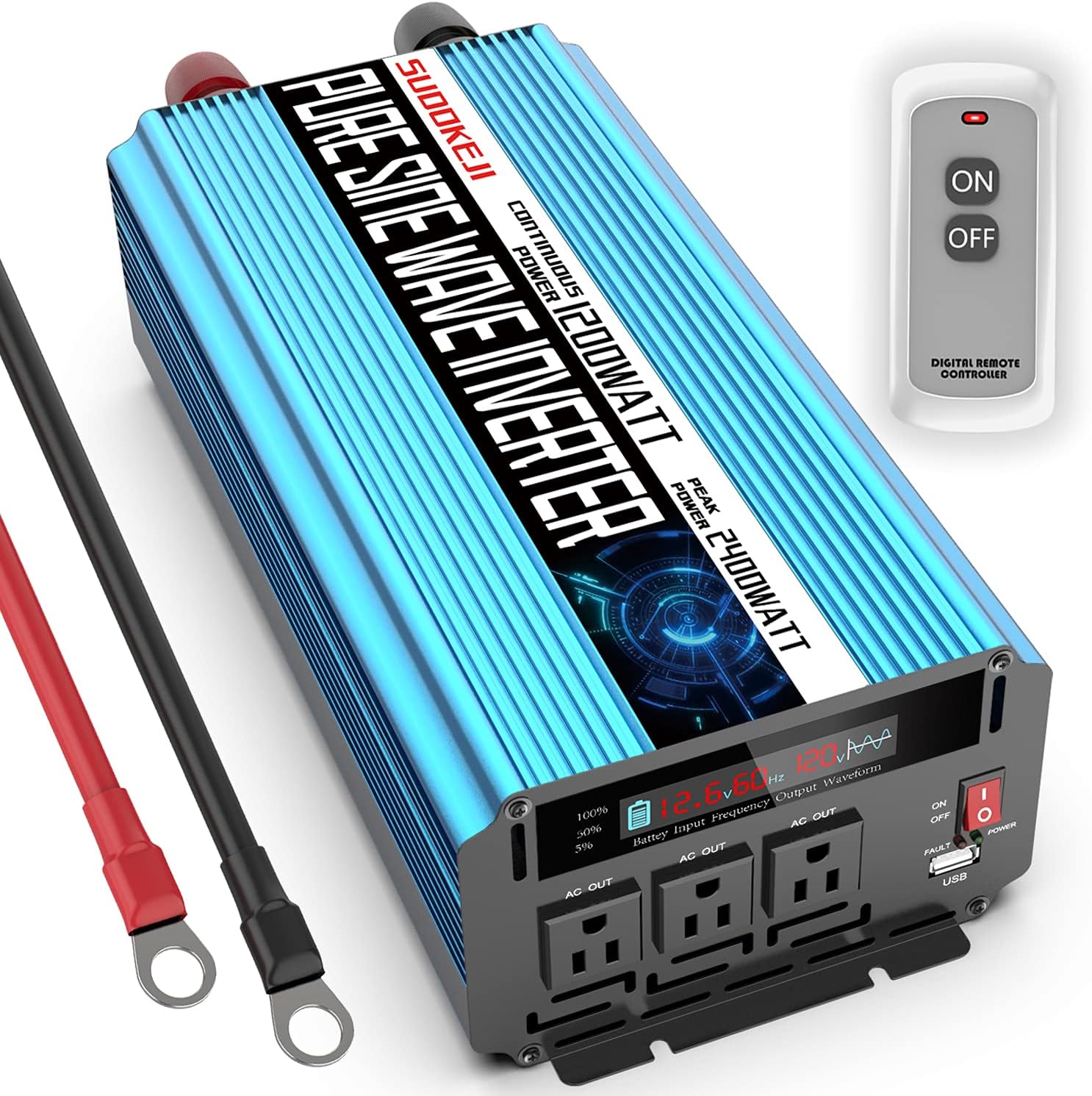 2000W Pure Sine Wave Power Inverter 12V DC to AC 110V/120V Converter with LCD Display R2008