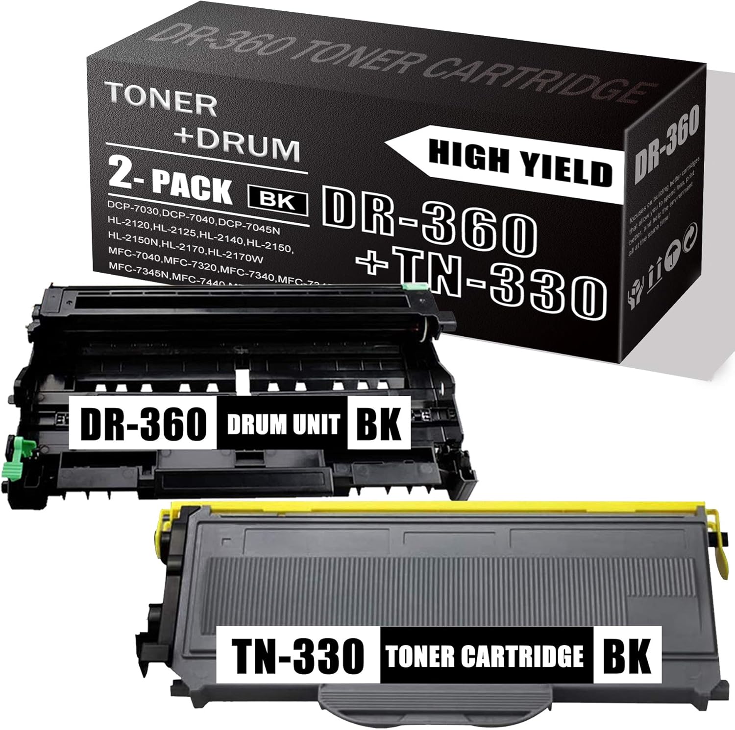 2 pks Black Drum Unit & Toner Cartridge for Brother Printer Series B338111