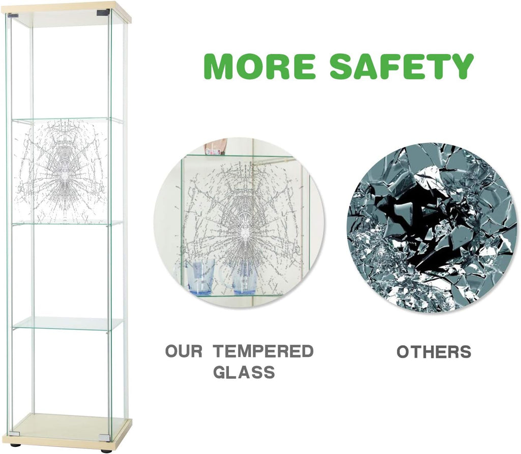 Curio Cabinet with Glass Doors 4 Shelves Glass Display Cabinet, 64”x 17”x 14.5”, Nature Wood A84986