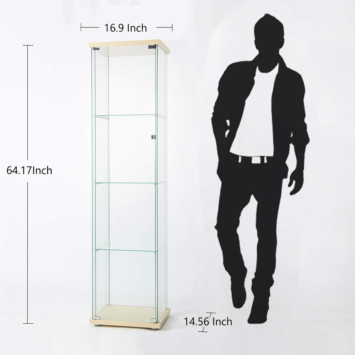 Curio Cabinet with Glass Doors 4 Shelves Glass Display Cabinet, 64”x 17”x 14.5”, Nature Wood A84986