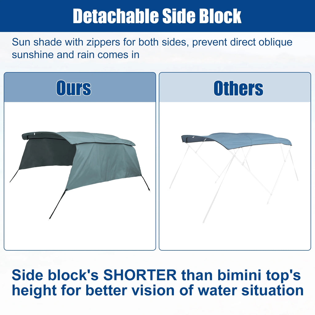 600D 3 Bow Bimini Top Canvas Cover with Detachable Side Blocks Storage Boot Gray P863