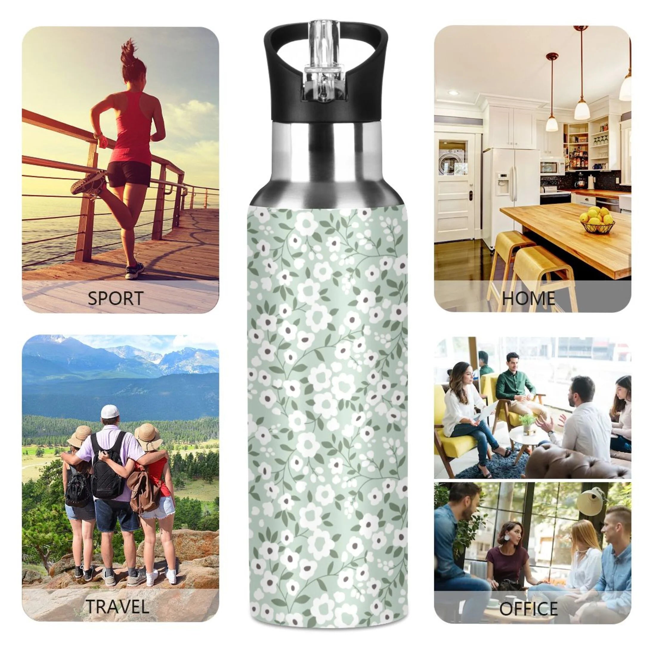 White Floral Green 20 OZ Stainless Steel Water Bottle with Straw Lid T784215