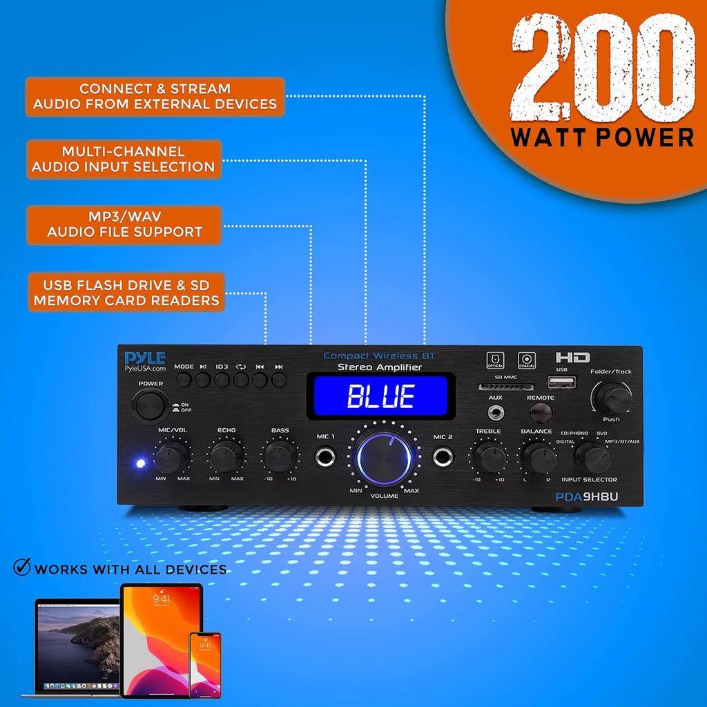 Pyle PDA9HBU.5 Wireless Bluetooth Stereo Amplifier, 200 Watt, HDMI, Optical, Phono, Coaxial, FM Radio, USB, SD, AUX, RCA, Mic, Remote Z999