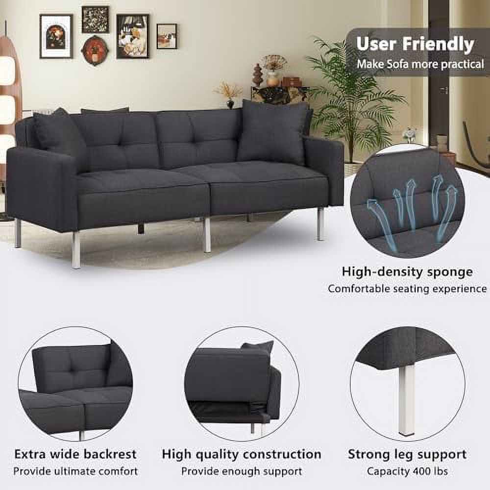 Black Linen Fabric Convertible Futon Sofa Bed with Metal Legs M859