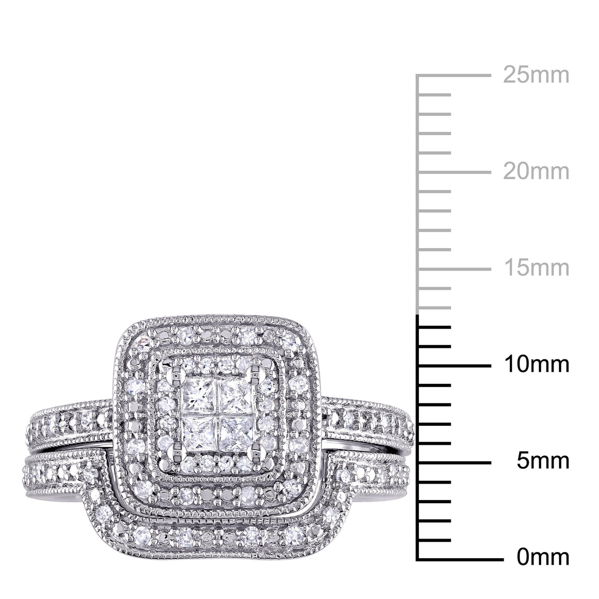Bridal Set with Princess and Round-Cut Diamond Sterling Silver Halo Set E320