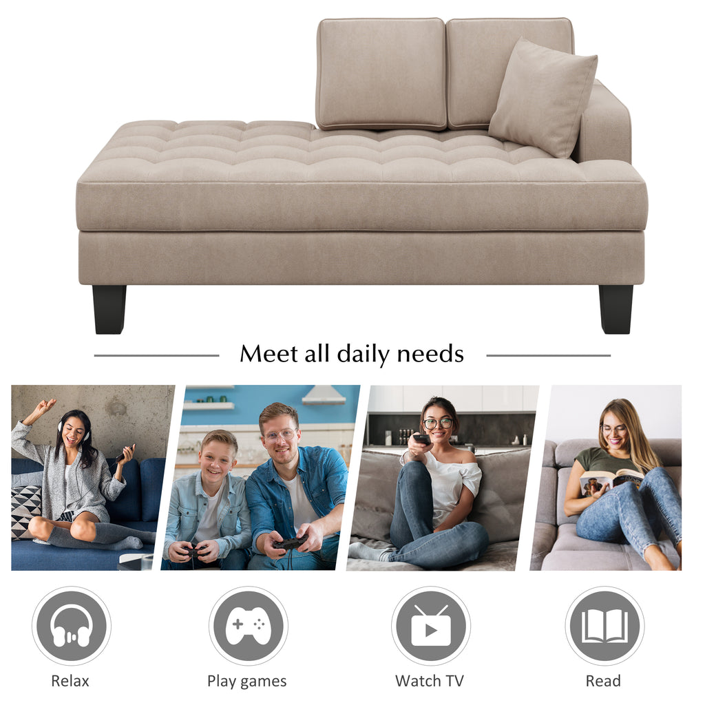 Warm Grey Tufted Fabric Chaise Lounge with Toss Pillow T929593