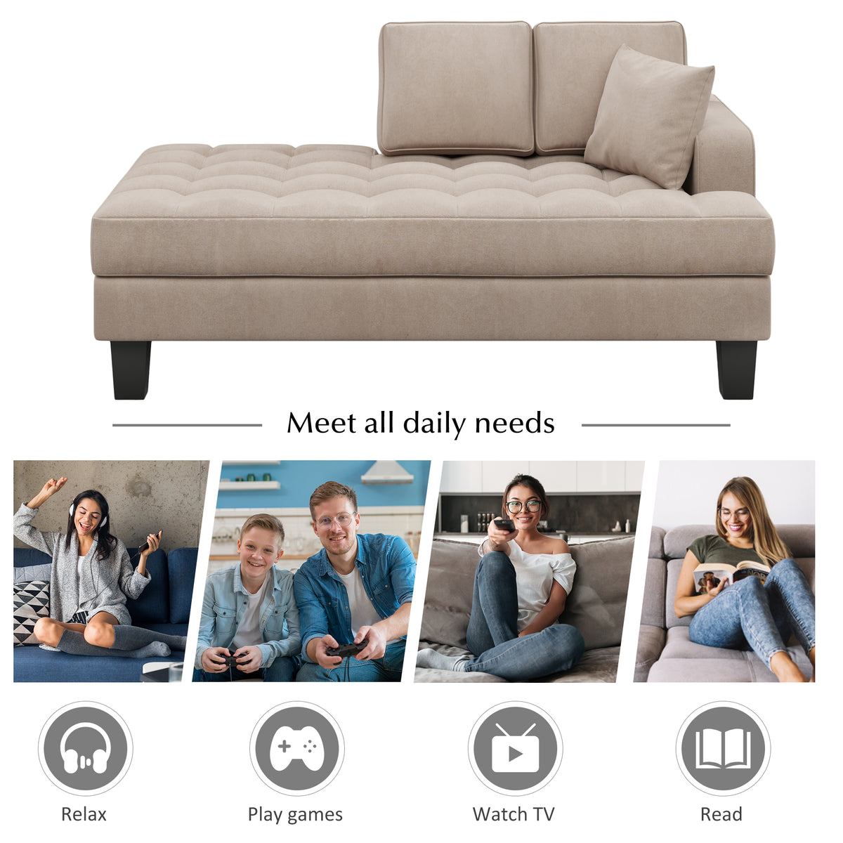 Warm Grey Tufted Fabric Chaise Lounge with Toss Pillow T929593