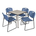 Maple Chrome Square Breakroom Table with 4 Blue Stack Chairs G44786