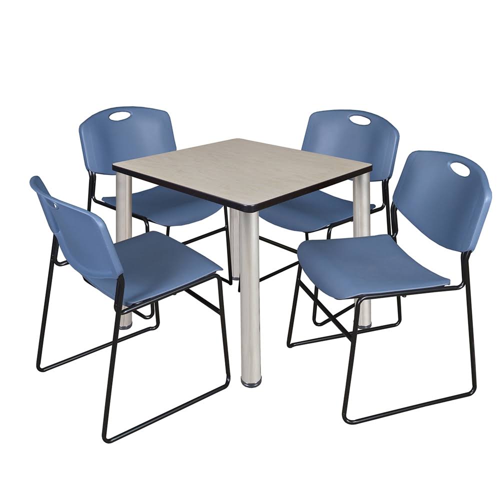 Maple Chrome Square Breakroom Table with 4 Blue Stack Chairs G44786