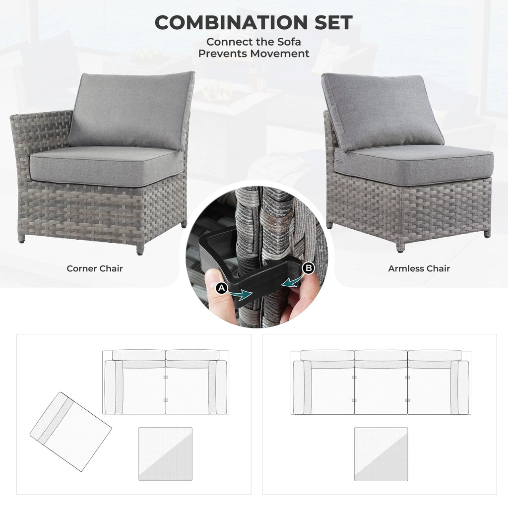 Grey 10 Piece Wicker Patio Conversation Set with Sofa, Ottoman, Fire Pit, Swivel Rocking Chairs J593976