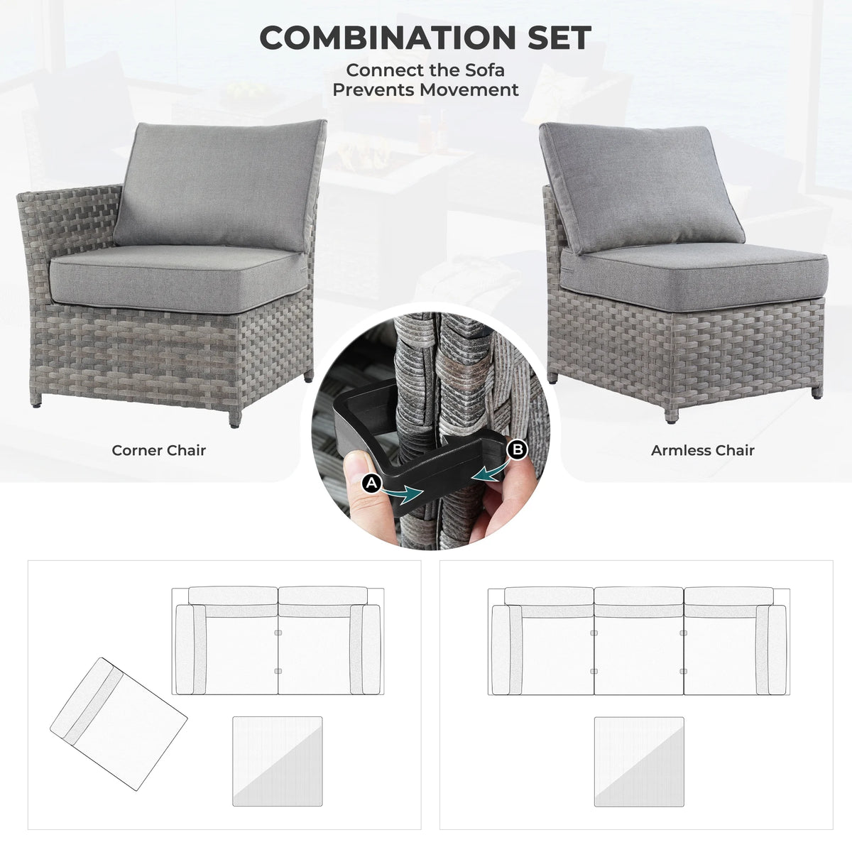 Grey 10 Piece Wicker Patio Conversation Set with Sofa, Ottoman, Fire Pit, Swivel Rocking Chairs J593976
