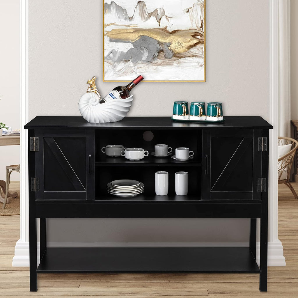 Black Wood Sideboard Buffet Cabinet with Open Shelves Q889