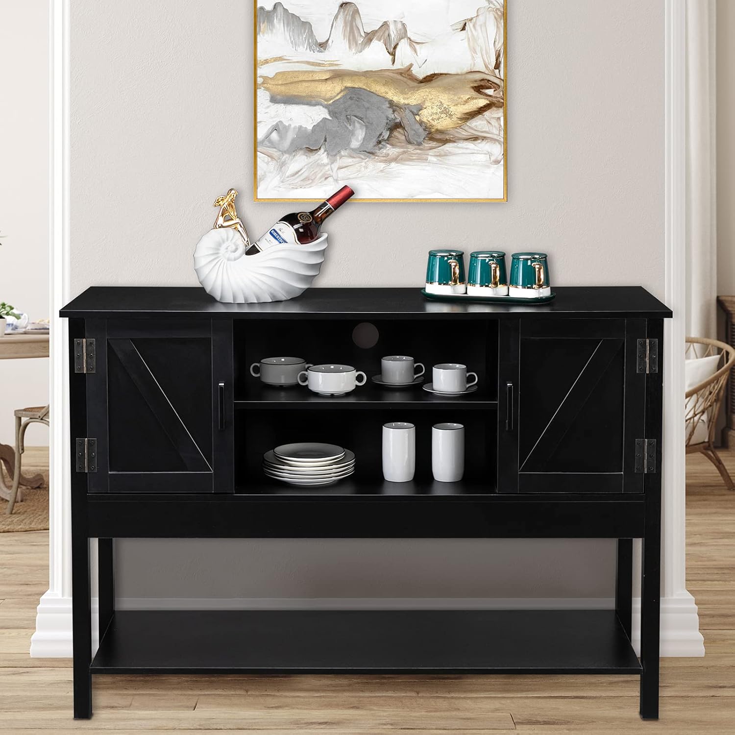 Black Wood Sideboard Buffet Cabinet with Open Shelves Q889