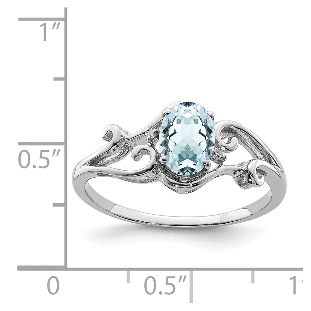 Rhodium Plated Diamond & Aquamarine Oval Ring Q5324