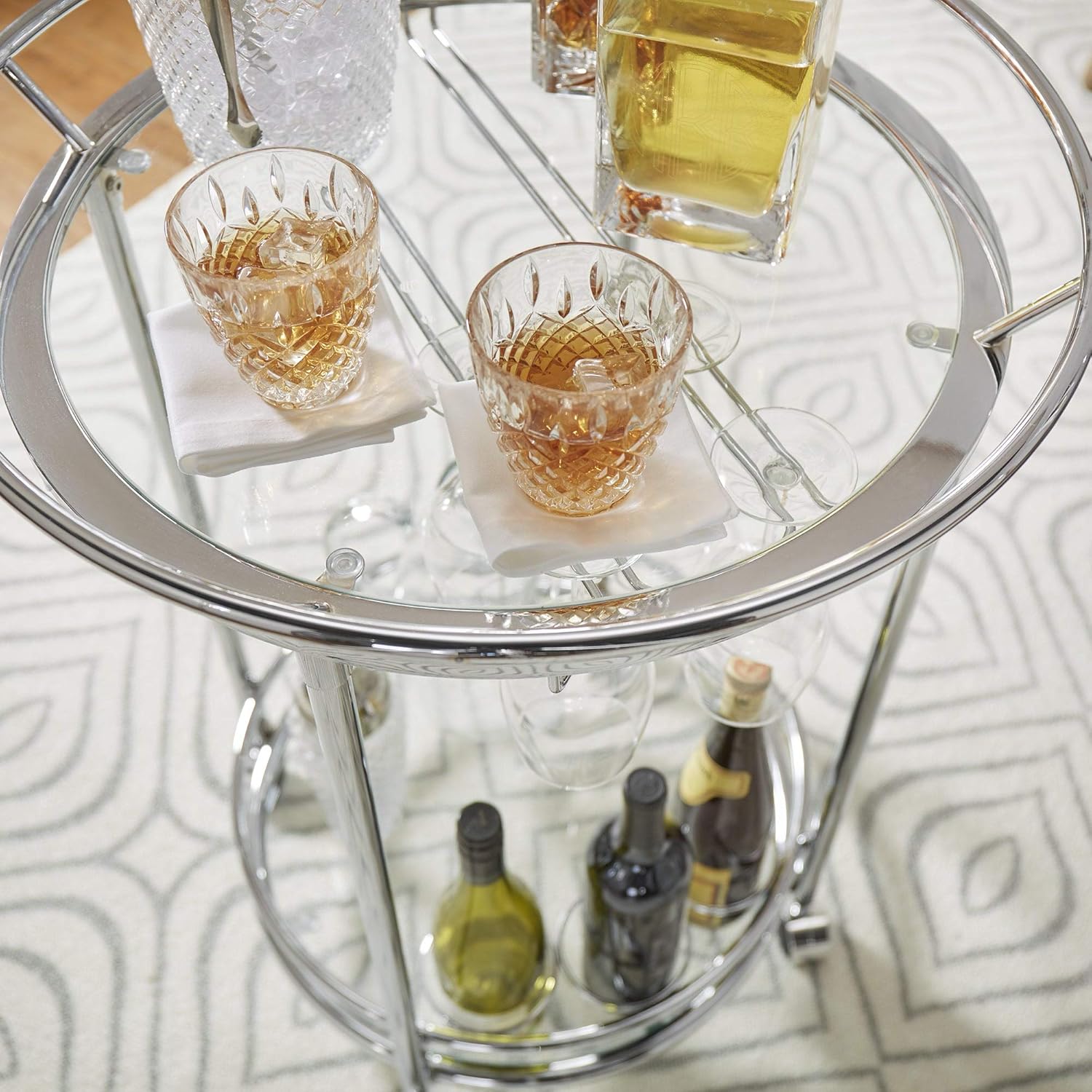 Round Chrome Metal Glass Top Bar Cart E171