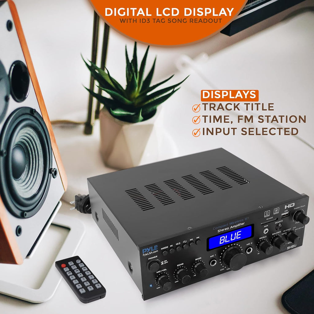 Pyle PDA9HBU.5 Wireless Bluetooth Stereo Amplifier, 200 Watt, HDMI, Optical, Phono, Coaxial, FM Radio, USB, SD, AUX, RCA, Mic, Remote Z999