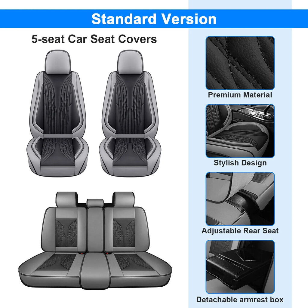 Black&Gray PU Leather 5 Seats Car Seat Cover Full Set E412753