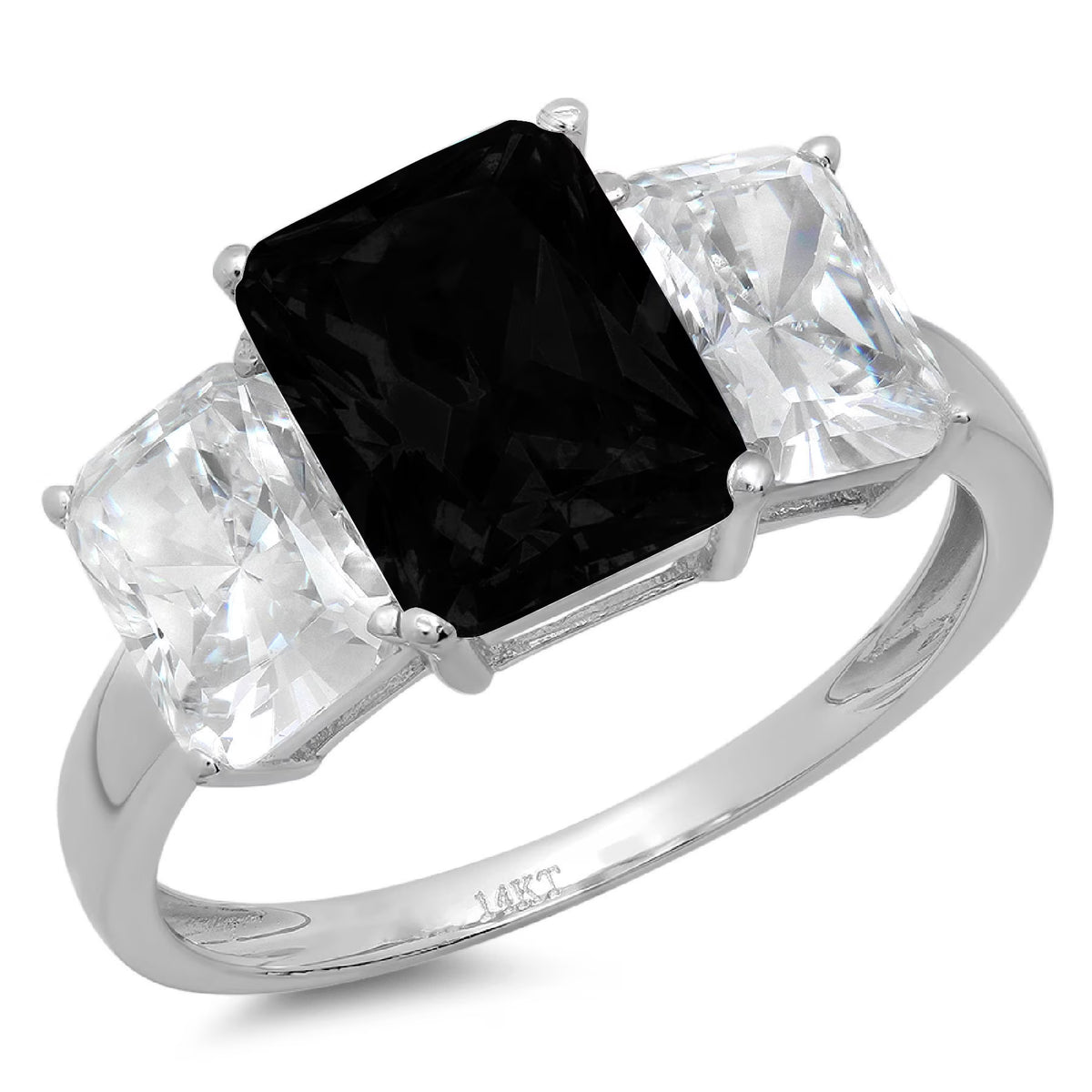Emerald Cut Black Onyx 14k White Gold 3 Stone Ring Size 10 Z240