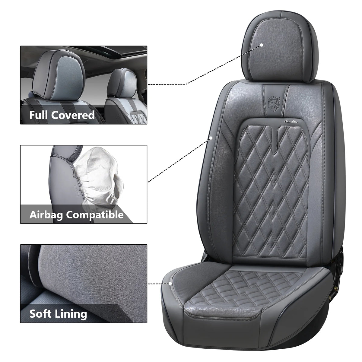 Gray Faux Leather Car Seat Covers Full Set 5 Seats Waterproof Universal Fit Y963