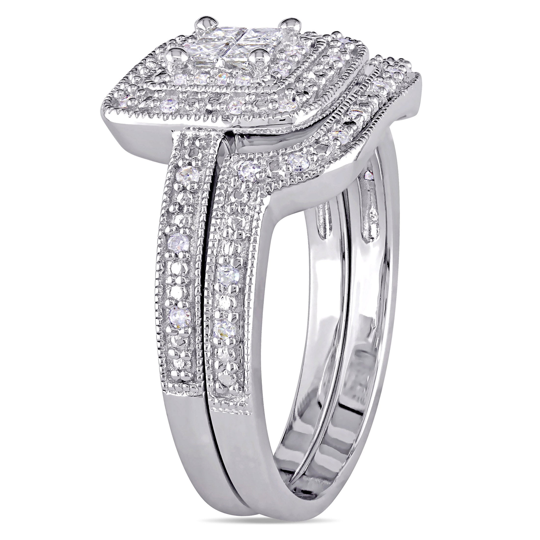 Bridal Set with Princess and Round-Cut Diamond Sterling Silver Halo Set E320