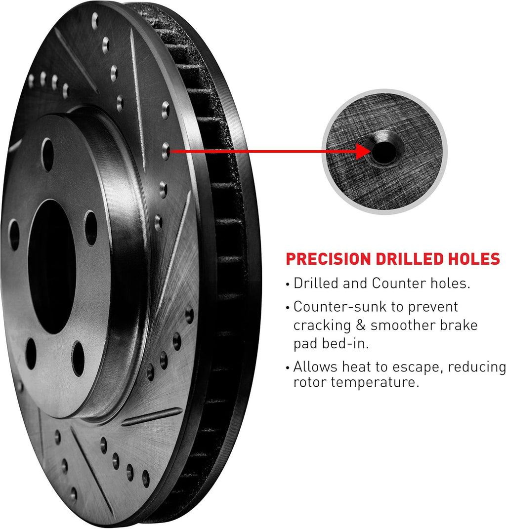 Front Black Drilled and Slotted Brake Rotors with Semi-Metallic Brake Pads R7017