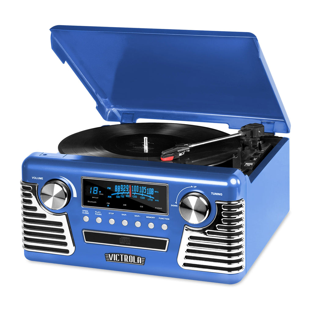 Blue 3-Speed Bluetooth Turntable with CD Player and Speakers C409