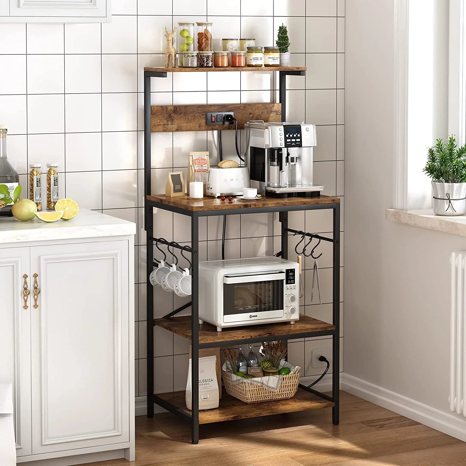 Charcoal Gray 4 Tiers Kitchen Storage Shelf Rack with Power Outlet H4490