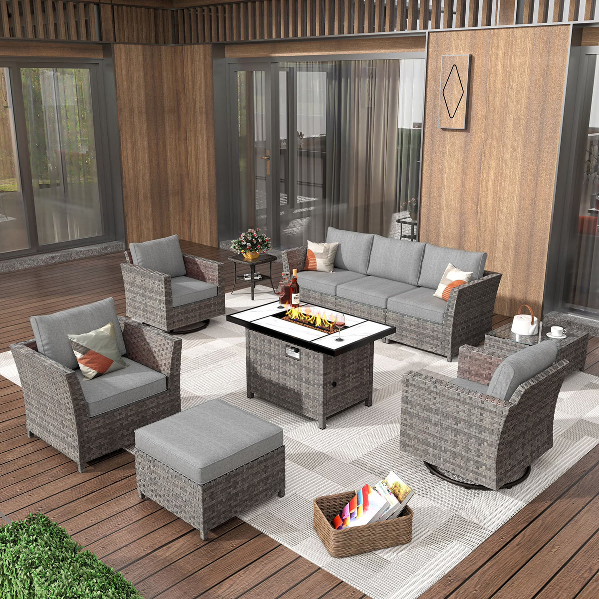 Grey 10 Piece Wicker Patio Conversation Set with Sofa, Ottoman, Fire Pit, Swivel Rocking Chairs J593976