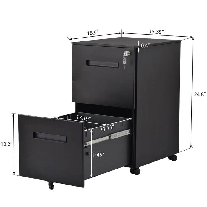 Black Metal 2-Drawer Mobile Vertical Filing Cabinet W371