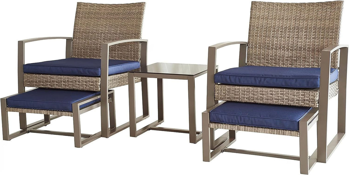 Blue 5 Piece PE Wicker Rattan Outdoor Bistro Set with Tempered Glass Coffee Table V11514