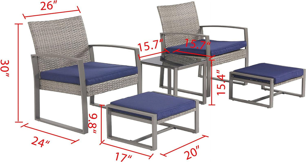 Blue 5 Piece PE Wicker Rattan Outdoor Bistro Set with Tempered Glass Coffee Table V11514