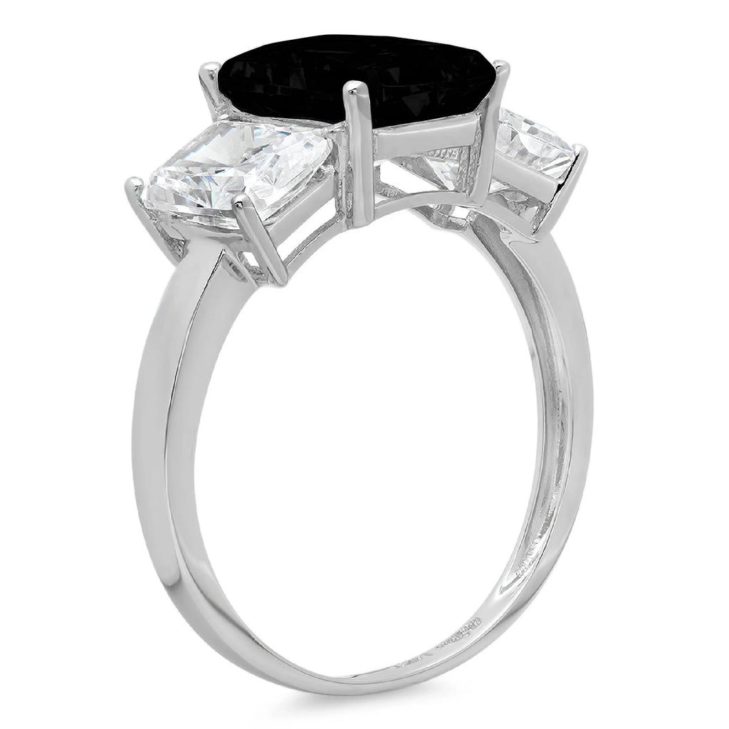Emerald Cut Black Onyx 14k White Gold 3 Stone Ring Size 10 Z240